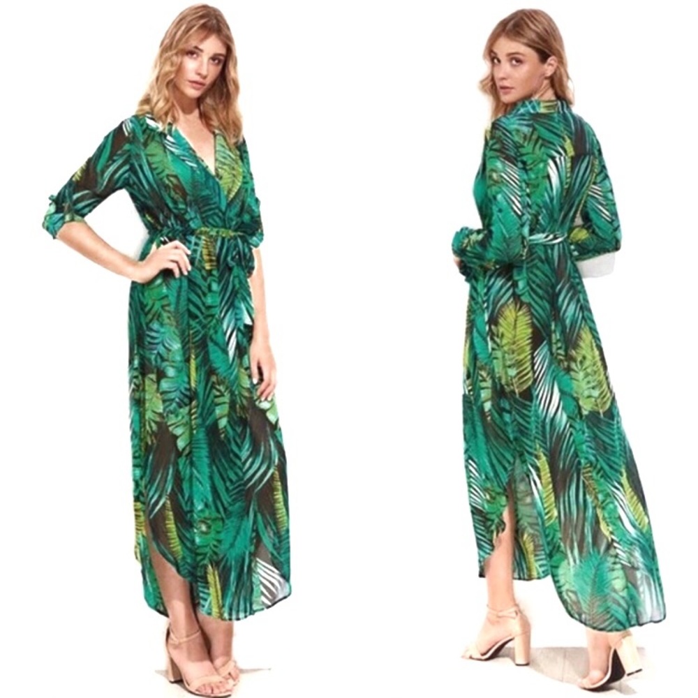 Hi Lo Chiffon tropical dress coverup with belt